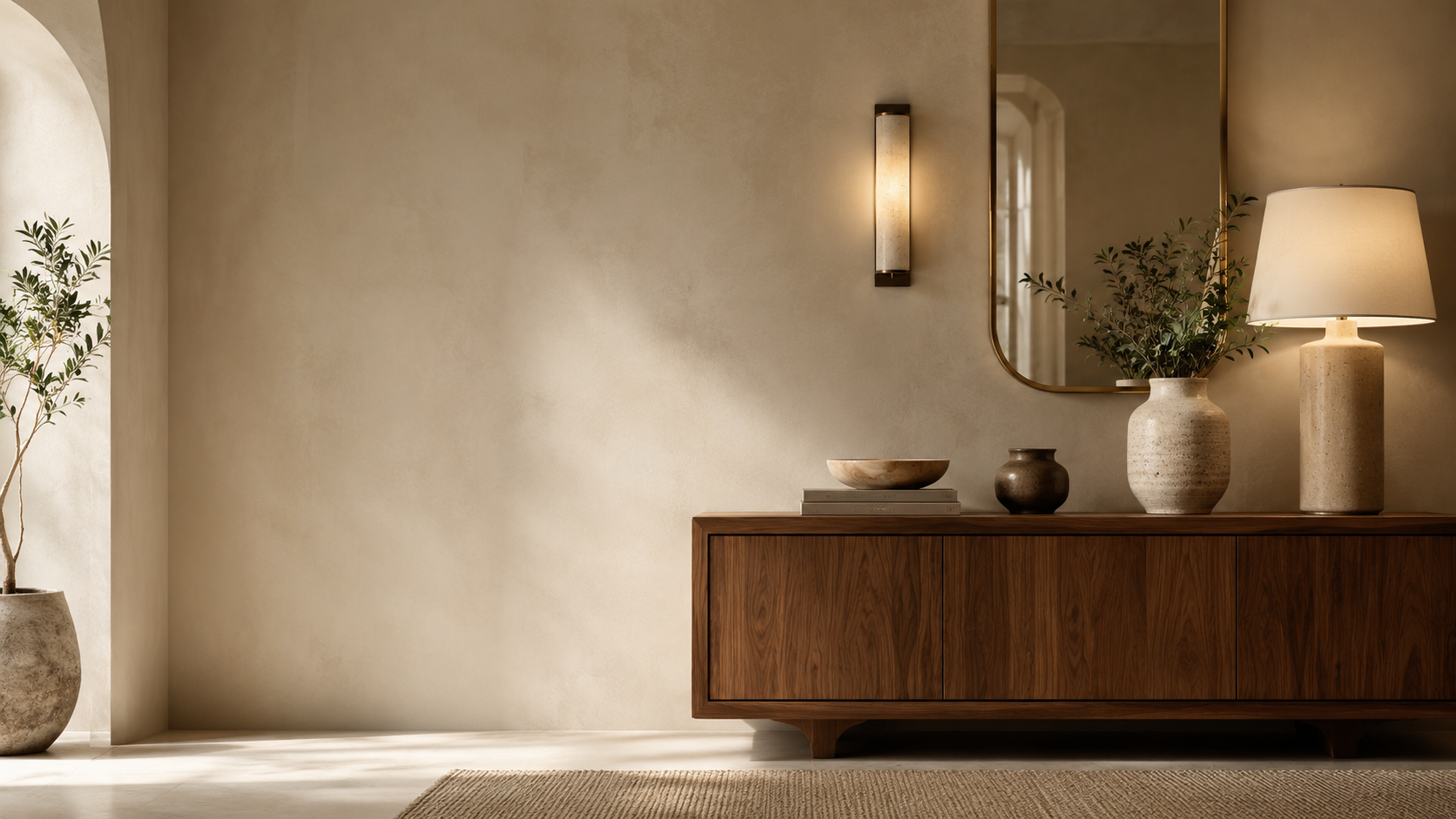 Warm minimalist entryway with ambient lighting for editorial homepage section