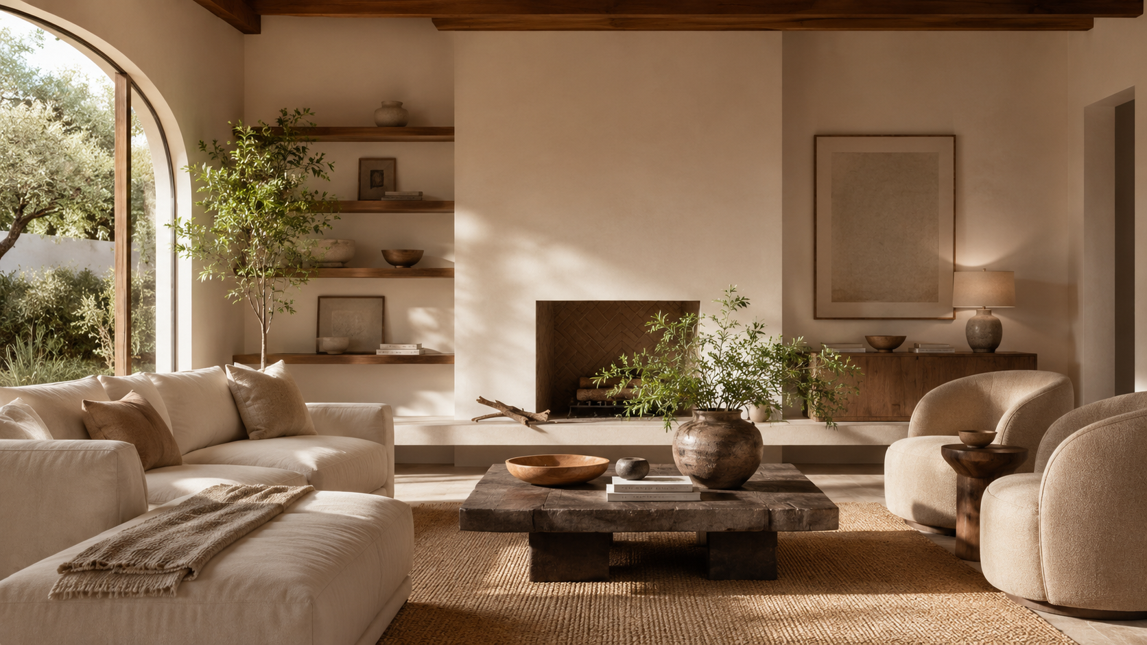 Sunlit warm modern living room for editorial homepage section