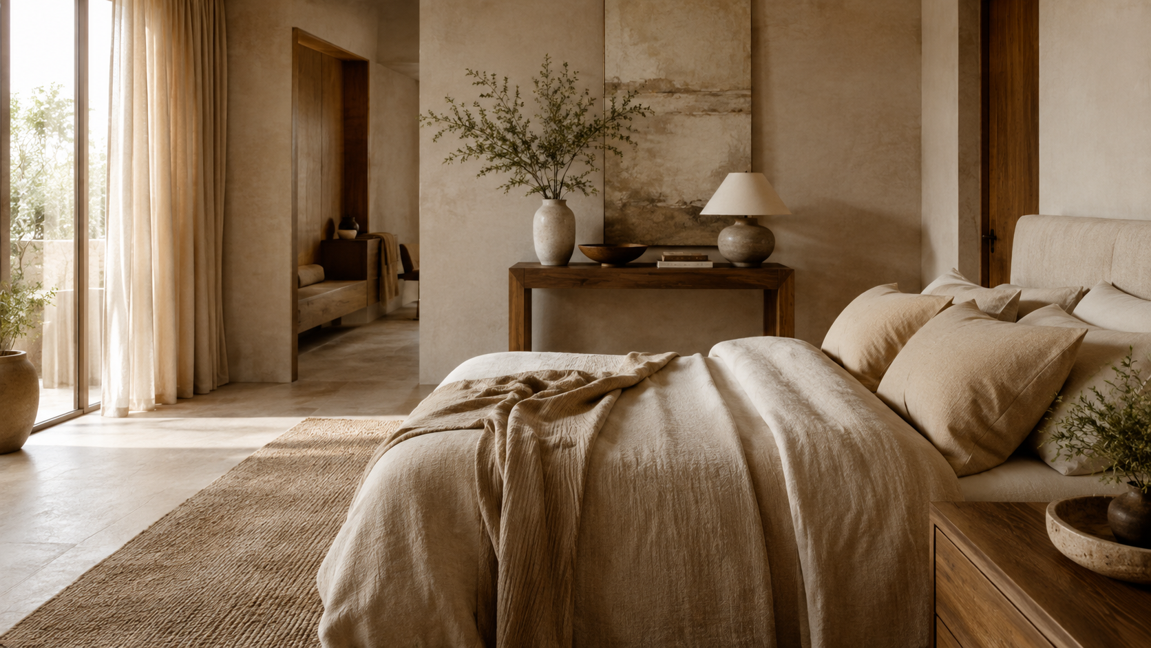 Serene warm bedroom for editorial homepage section