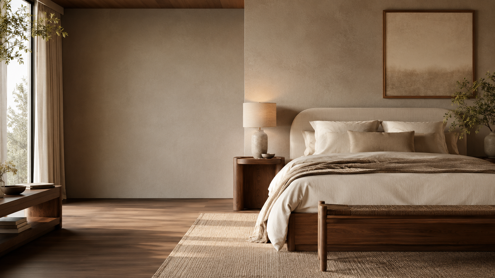 Quiet luxury bedroom with warm neutral tones and walnut furniture