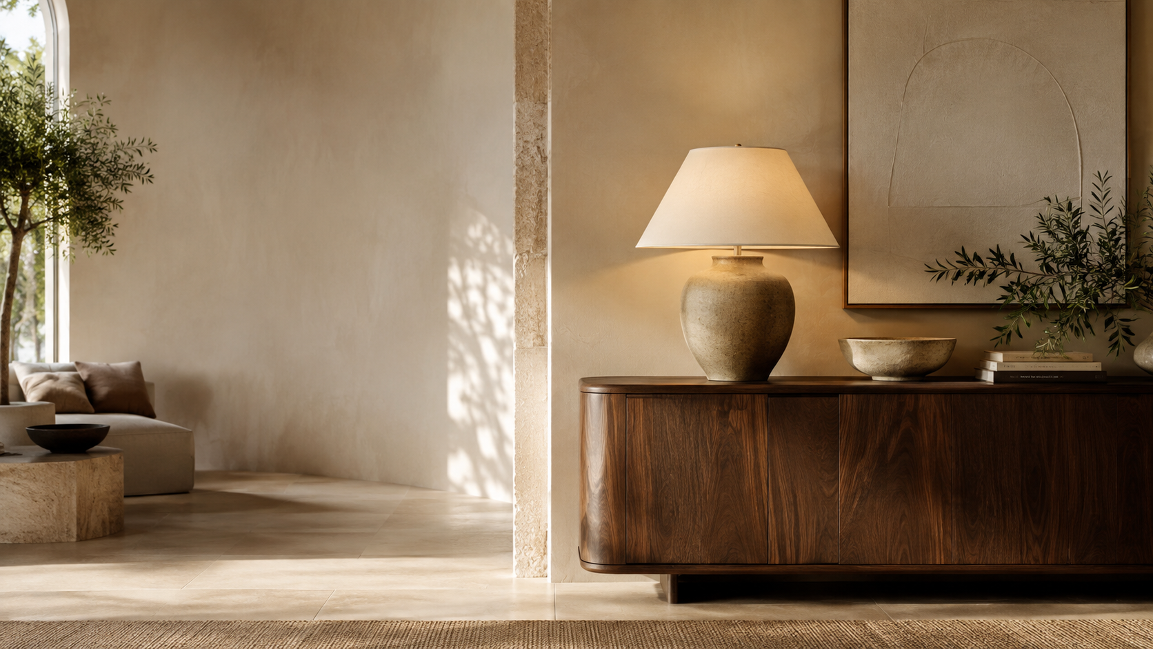 Warm minimalist console vignette with table lamp and walnut cabinet