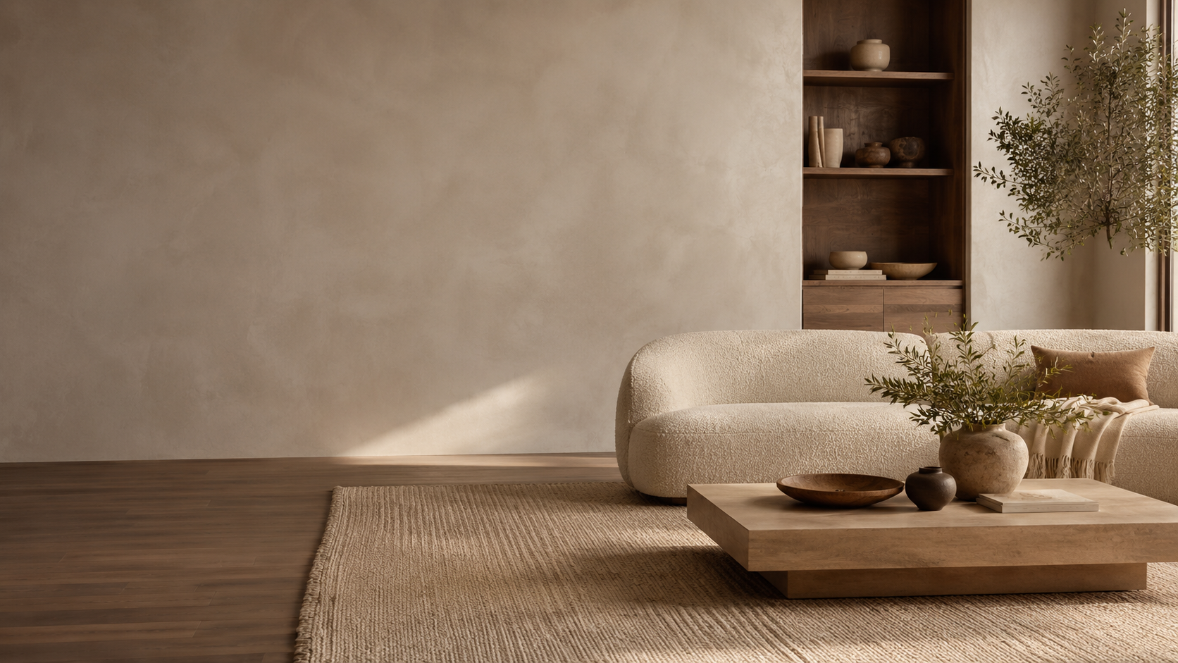 Warm organic modern living room with walnut wood and neutral textures